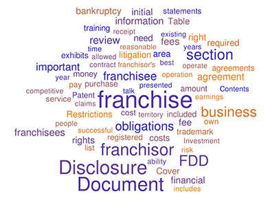 Word cloud of Franchise Disclosure Document terms: franchise, franchisor, franchisee, obligations, Disclosure Document, FDD